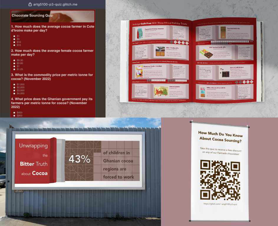 Banner, billboard, magazine and HTML quiz about ethical chocolate