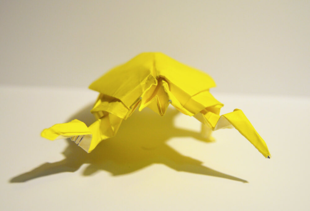 Yellow origami bug front view